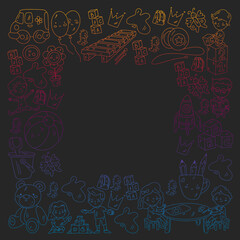 Children play with toys in the kindergarten. Kids playground. Education, creativity, imagination.