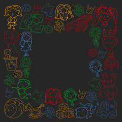 Kindergarten and toys. Little children game. Kids playground. Education, creativity, imagination.