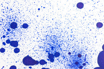 Abstract texture of splatters and blots of blue ink. Many spots and small dots.