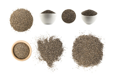 Pile of Chia Seeds in Bowl Isolated on White Background