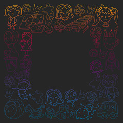 Kindergarten and toys. Little children game. Kids playground. Education, creativity, imagination.