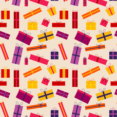 Pattern colorful gift box packaging. Flat design. Colorful wrapped. Sale, trading concept. Collection for Birthday, Christmas. Isolated vector illustration