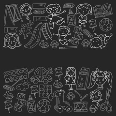 Kindergarten. Vector pattern with toys and small children. Preschool education.