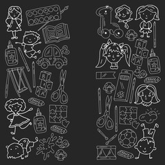Kindergarten. Vector pattern with toys and small children. Preschool education.