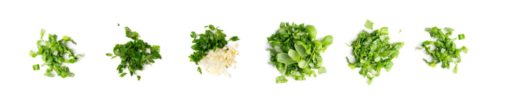 Chopped greens, garlic and parsley set isolated
