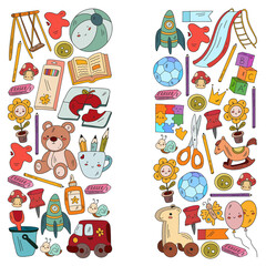 Kindergarten and toys. Little children game. Kids playground. Education, creativity, imagination.