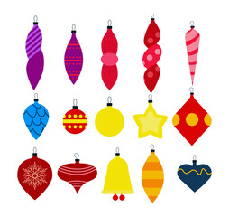 Christmas tree decorations isolated on white background vector flat illustration set. Set of design elements for greeting cards, New Year banners. Winter Holidays and Celebrations concept.