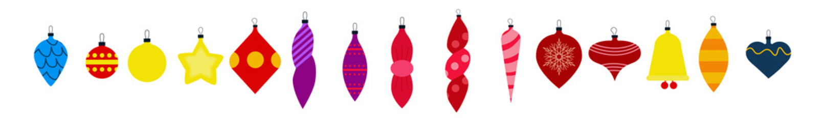 Christmas tree decorations isolated on white background vector flat illustration set. Set of design elements for greeting cards, New Year banners. Winter Holidays and Celebrations concept.