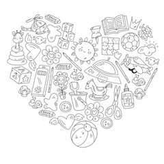 Kindergarten and toys. Little children game. Kids playground. Education, creativity, imagination.