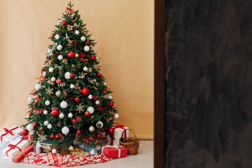 New year interior with Christmas tree with gifts decor garland December