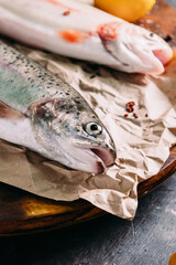 Raw rainbow and golden trout with spices and herbs close up