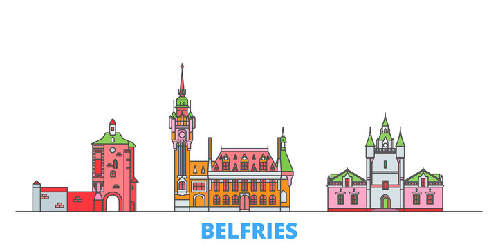 France, Belfries cityscape line vector. Travel flat city landmark, oultine illustration, line world icons