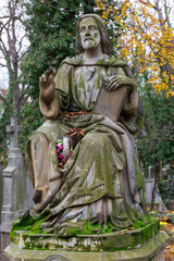 Obraz premium Historic Statue on the autumn mystery old Prague Cemetery, Czech Republic