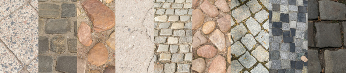 Old Stone Pavement Texture Collage, Various Granite Cobblestone