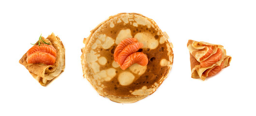 Crepes with Raw Sliced Salmon Fillet Isolated Top View