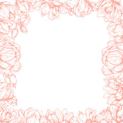 
White, rectangular frame on a background of gently pink magnolia flowers. Design element for banners, cards, flyers.
