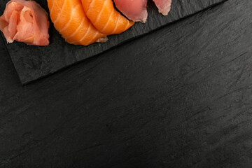 Macro photo of salmon nigiri sushi and maguro tuna