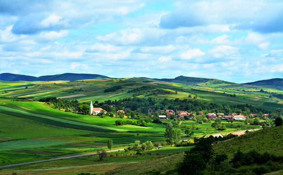 Scenic rural landscape in Transylvania with a village in Mures county - Romania