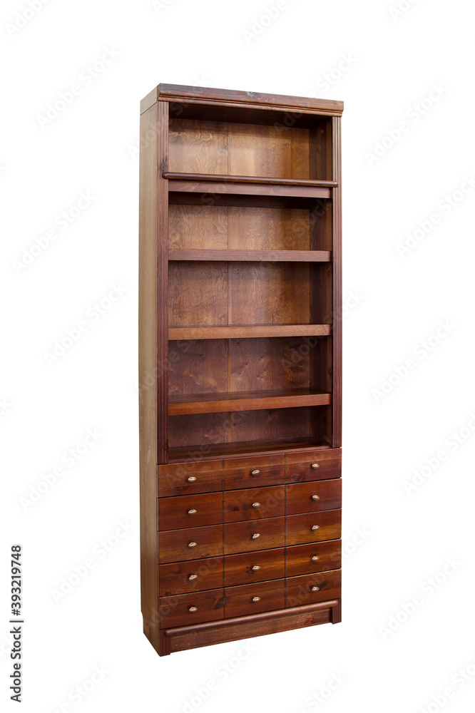 Poster Vertical shot of an empty bookcase isolated on a white background