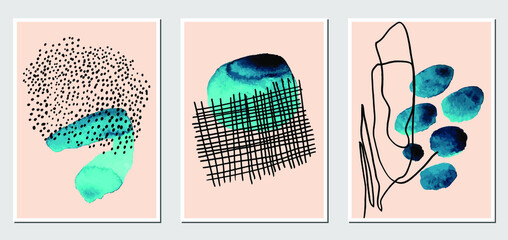 Set of creative abstract illustractions with watercolor blurs and black lines. Can be used for any kind of a design:wall decoration, postcard, brochure, fashion print, posters. Vector template.	