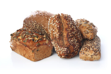 Mix of breads on white background