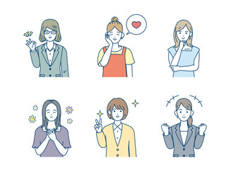 笑顔　喜ぶ　女性のイラスト　セット