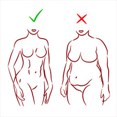 Fat and slim woman. Female body silhouette before and after the diet,   losing weight. Weight loss concept. Woman silhouette raster illustration.