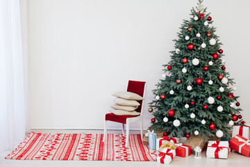 New Year's card interior of the white room red decor and Christmas tree with gifts