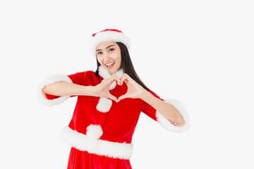 asian female in santa claus costume, she present love sign with hand, she feeling happy and smile on white background