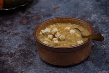 Vegan creamed soup with croutons, copy space
