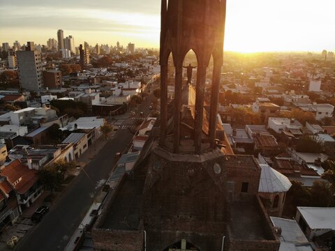 Escultura de Jesus entre medio de un campanario de una iglesia de Santa Fe - Argentina. 
Created by dji camera