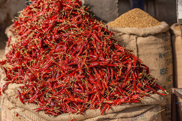 Hassan, karnataka, India - November 3, 2013: Closeup of freshly harvested heap of red Jwala hot...