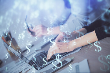 Multi exposure of woman hands typing on computer and financial chart hologram drawing. Stock market analysis concept.