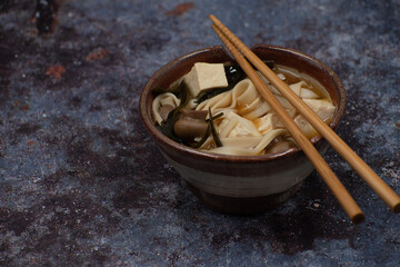 Vegan Miso Ramen with tofu, mushrooms , copy space