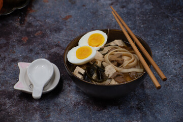 Vegetarian Miso Ramen with tofu, egg, mushrooms , copy space