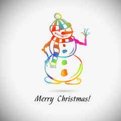 snowman multicolored. Merry Christmas and Happy New Year, Mixed media. Vector Illustration