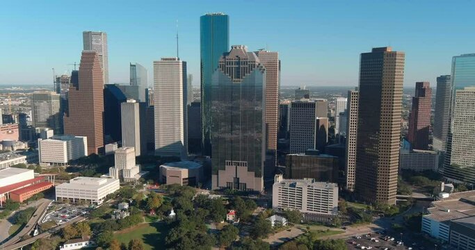 Drone view of skyscrapers in the Downtown Houston area. This video was filmed in 4k for best image quality.
