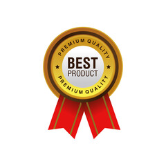 Unique Round Golden Badge with Text Best Product Template Vector, Award Gold Medal with Red Ribbons Design