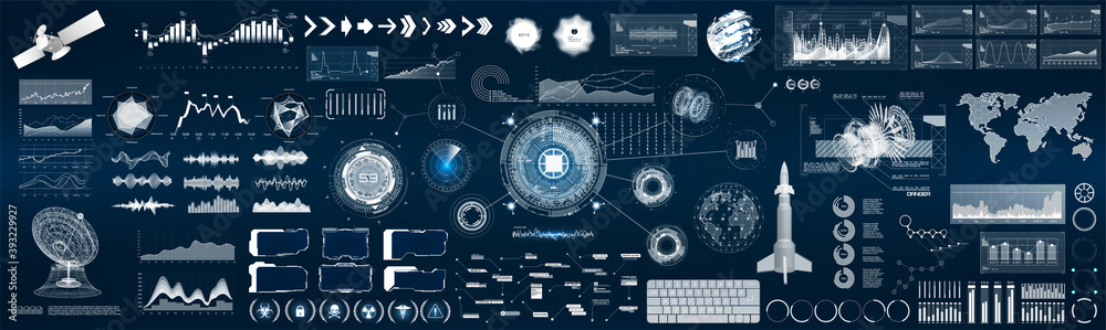 Poster UI, HUD, GUI big elements collection. Futuristic interface set for VR, game and web design. HUD elements - charts, audio waves, graphics, 3D technology elements, Sky-fi circle and other. Vector UI, UX