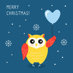 Greeting Christmas card, owl character and air balloon. New Year cartoon bird. Merry Christmas and happy New Year. Hand drawn animal character holidays vector