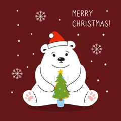 Greeting Christmas card. Cartoon polar bear sitting with tree. New Year animal mammal, red santa hat. Hand drawn doodle winter bear. Funny animals cute vector celebrate