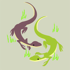 pair of lizards, one green and the other brown with green plants and light brown background