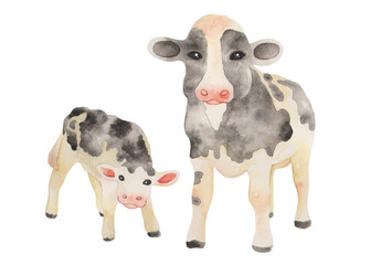 牛の親子 水彩画 カラーイラスト（全身）