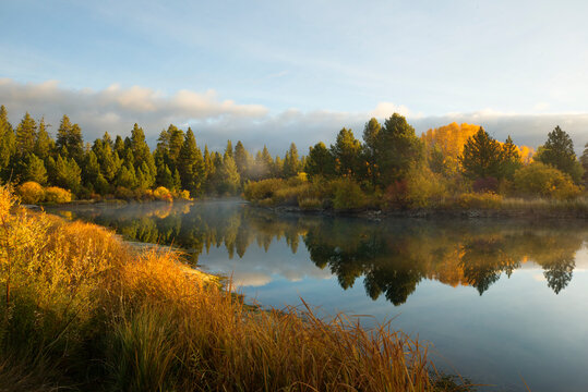 Reflections of fall color along the Deschutes river in Bend, Oregon