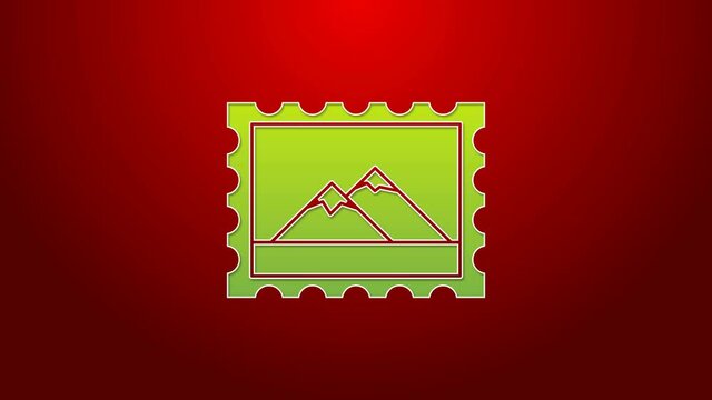 Green line Postal stamp and Mountains icon isolated on red background. 4K Video motion graphic animation