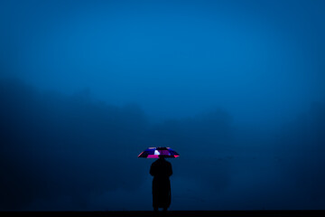 As dawn arrives on a foggy morning a person in a trench coat stands at the edge of a pond with an...