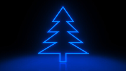 Christmas tree, blue neon glow icon on darkness black background. Abstract winter holiday concept. Blank empty space for your copy or another design. 3D rendering illustration