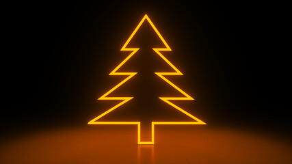 Christmas tree, orange neon glow icon on darkness black background. Abstract winter holiday concept. Blank empty space for your copy or another design. 3D rendering illustration