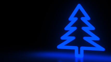 Christmas tree, blue neon glow icon on darkness black background. Abstract winter holiday concept. Blank empty space for your copy or another design. Depth of field. 3D rendering illustration