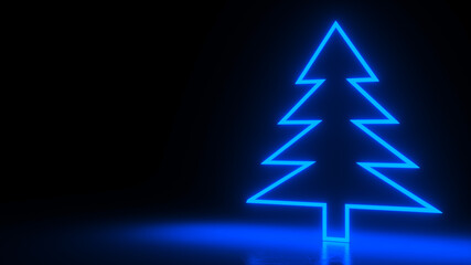 Christmas tree, blue neon glow icon on darkness black background. Abstract winter holiday concept. Blank empty space for your copy or another design. 3D rendering illustration